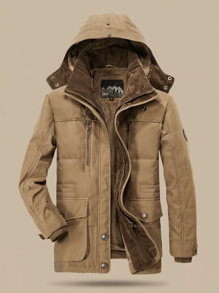 Men's Fleece-Lined Hooded Winter Parka Jacket Deep Pockets - Khaki