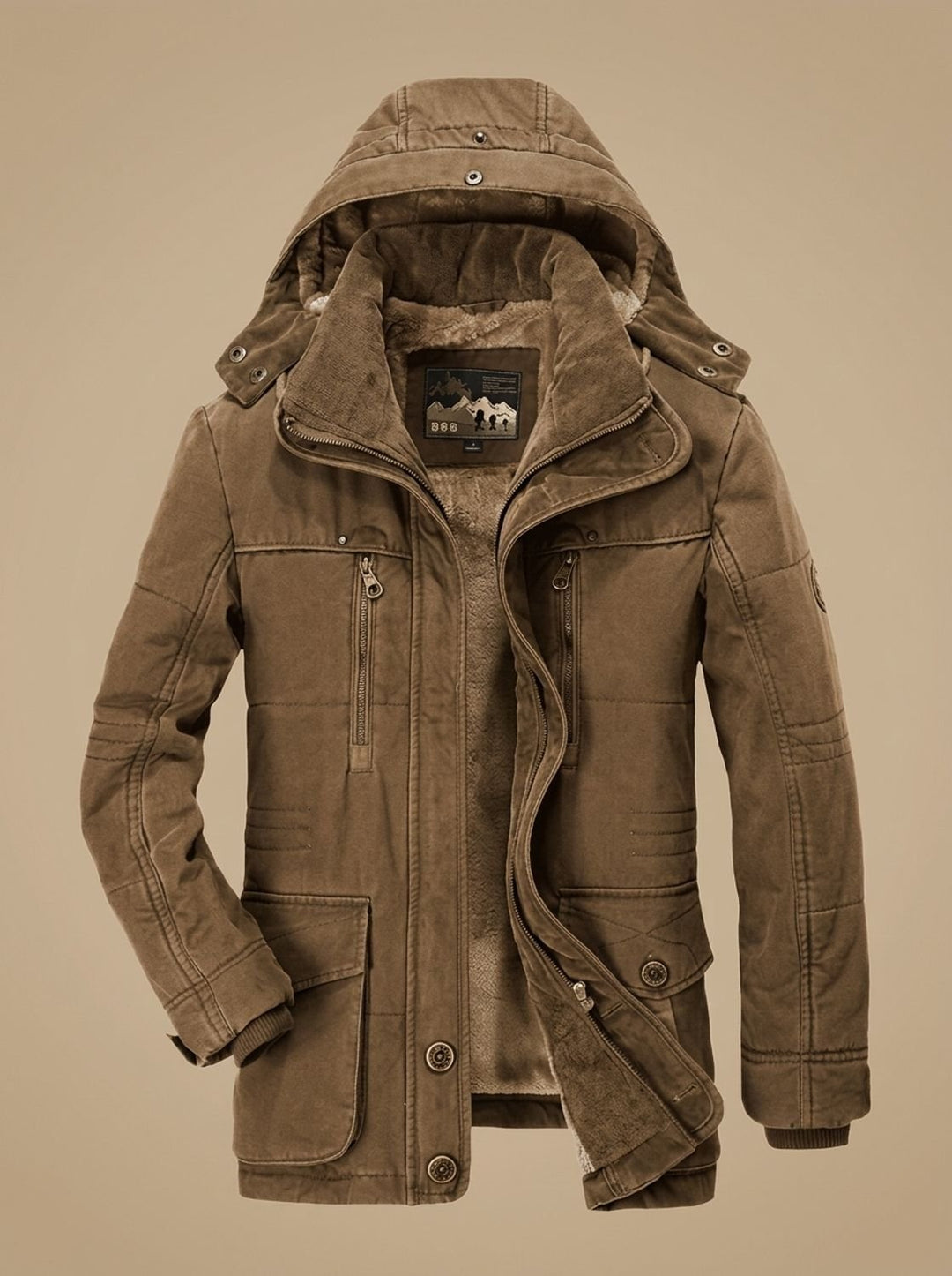 Men's Fleece-Lined Hooded Winter Parka Jacket Deep Pockets - Coffee
