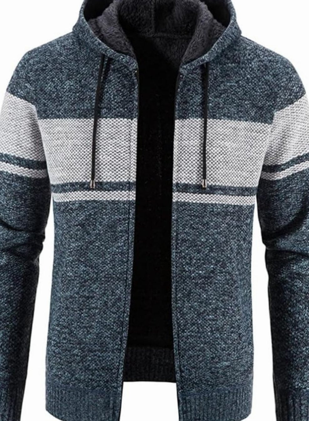 Men's Fleece-Lined Hooded Zip Front Cardigan Sweater - Blue Gray