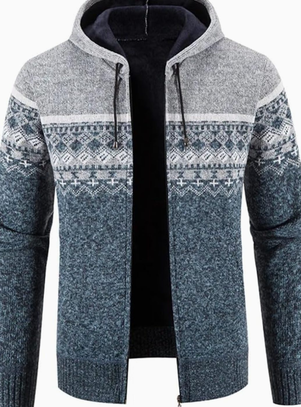 Men's Fleece-Lined Hooded Zip Front Cardigan Sweater - Light Gray Blue