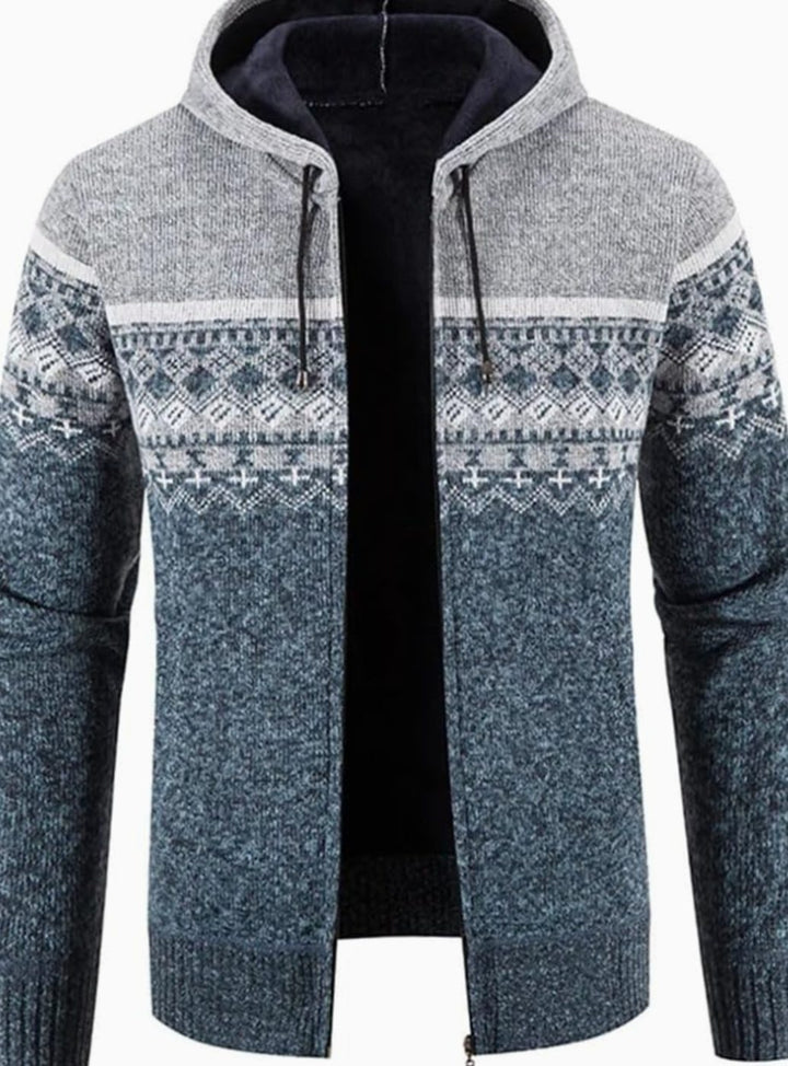 Men's Fleece-Lined Hooded Zip Front Cardigan Sweater - Light Gray Blue