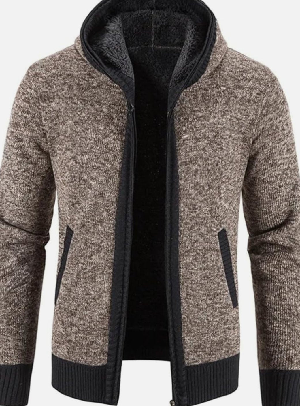 Men's Fleece-Lined Hooded Zip Front Cardigan Sweater - Brown