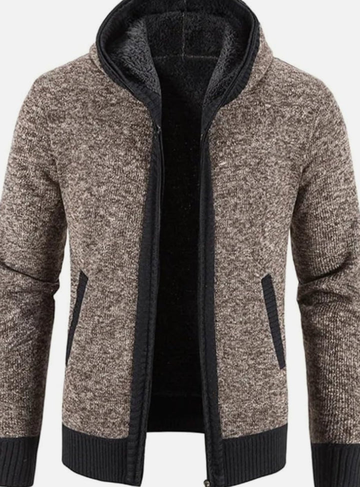 Men's Fleece-Lined Hooded Zip Front Cardigan Sweater - Brown
