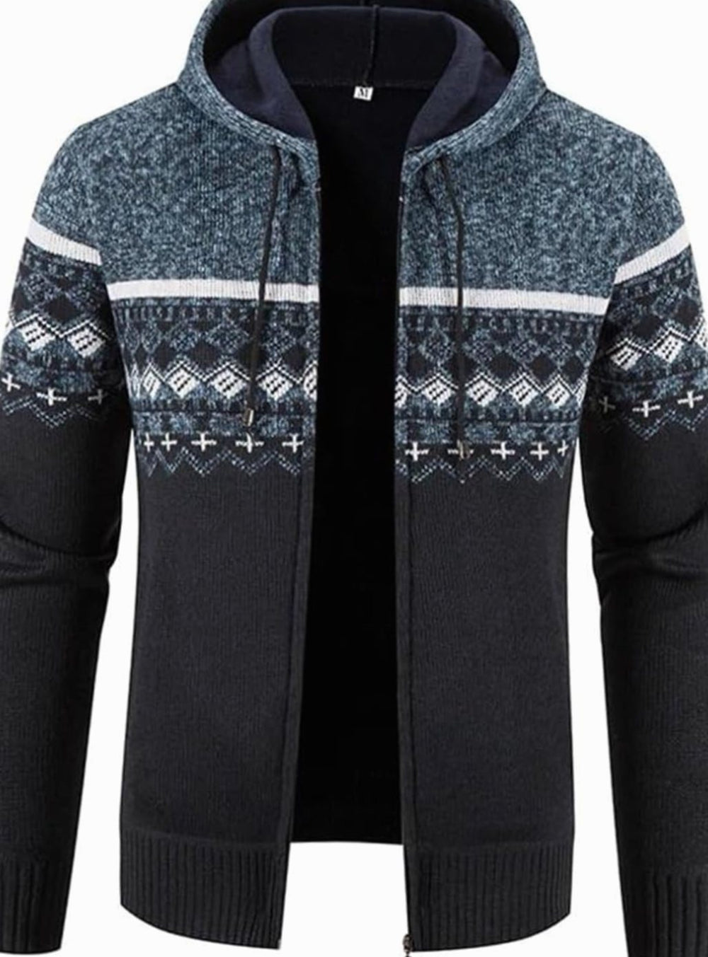 Men's Fleece-Lined Hooded Zip Front Cardigan Sweater - Blue Black