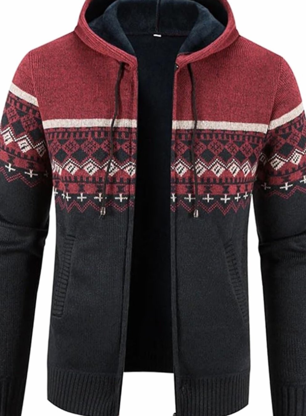 Men's Fleece-Lined Hooded Zip Front Cardigan Sweater - Red