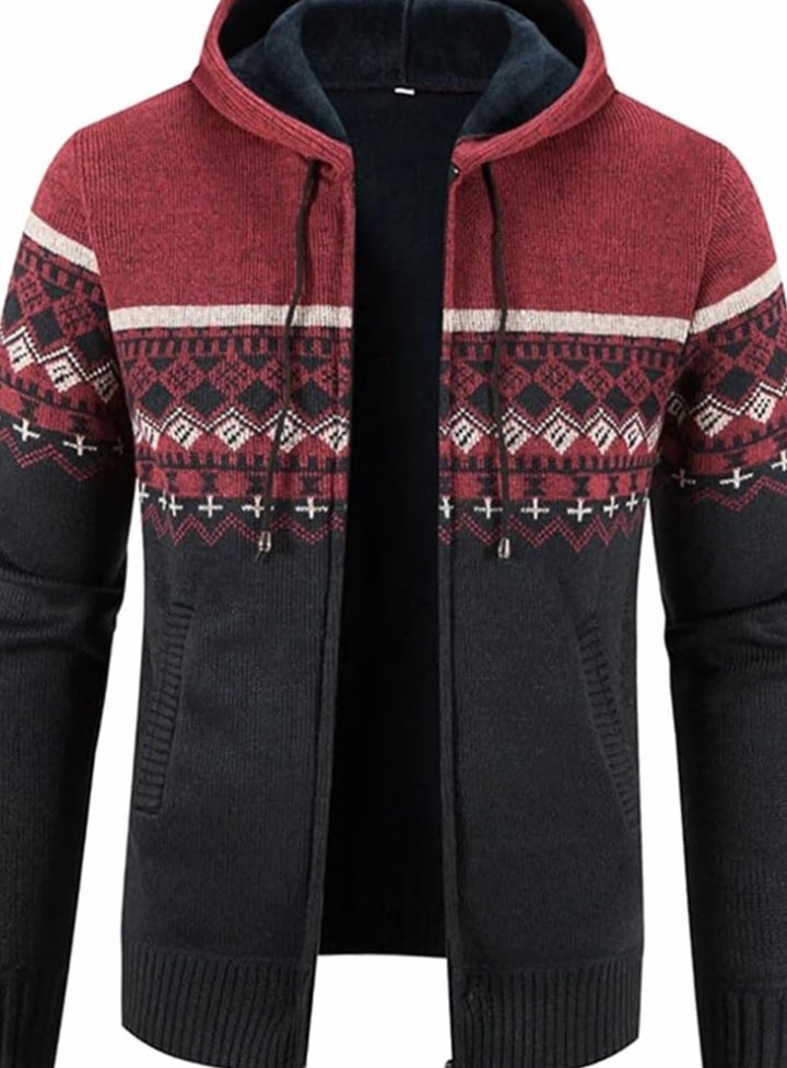 Men's Fleece-Lined Hooded Zip Front Cardigan Sweater - Red