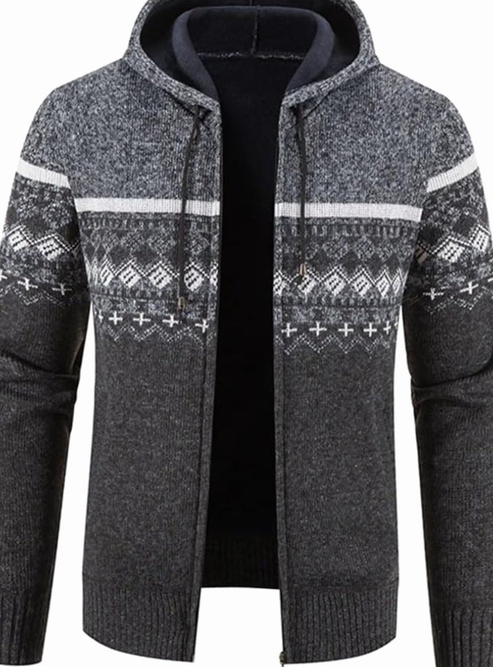 Men's Fleece-Lined Hooded Zip Front Cardigan Sweater - White Gray