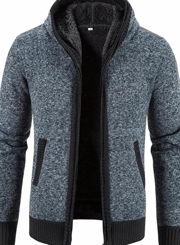 Men's Fleece-Lined Hooded Zip Front Cardigan Sweater - Solid Blue