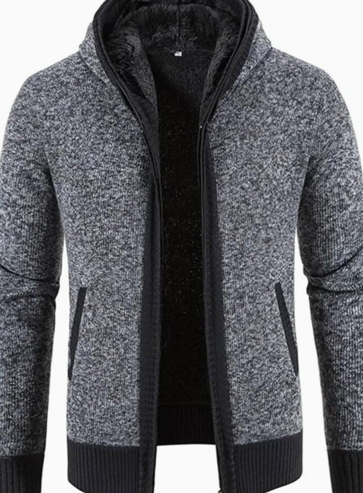 Men's Fleece-Lined Hooded Zip Front Cardigan Sweater - Solid Gray