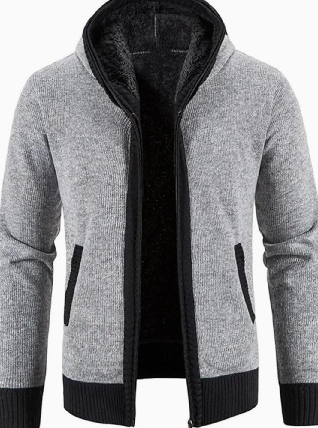 Men's Fleece-Lined Hooded Zip Front Cardigan Sweater - Solid Light Gray