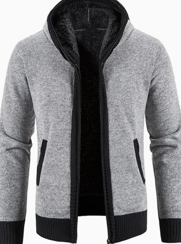 Men's Fleece-Lined Hooded Zip Front Cardigan Sweater - Solid Light Gray