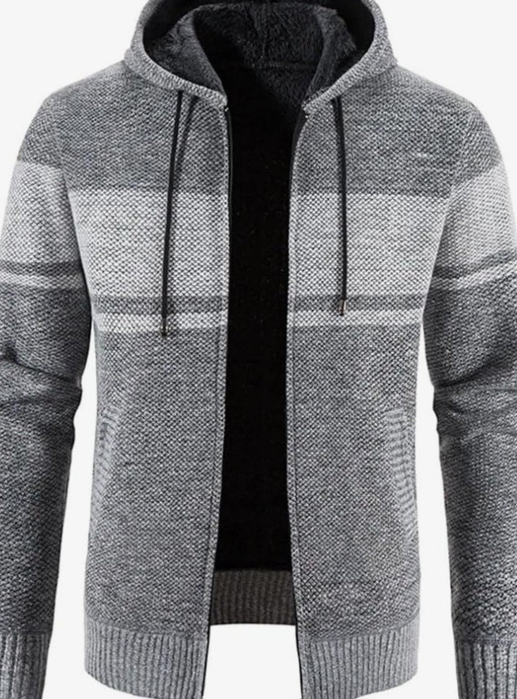 Men's Fleece-Lined Hooded Zip Front Cardigan Sweater - Light Gray