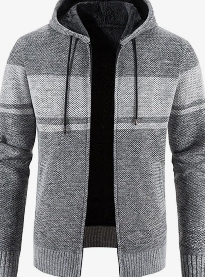Men's Fleece-Lined Hooded Zip Front Cardigan Sweater - Light Gray