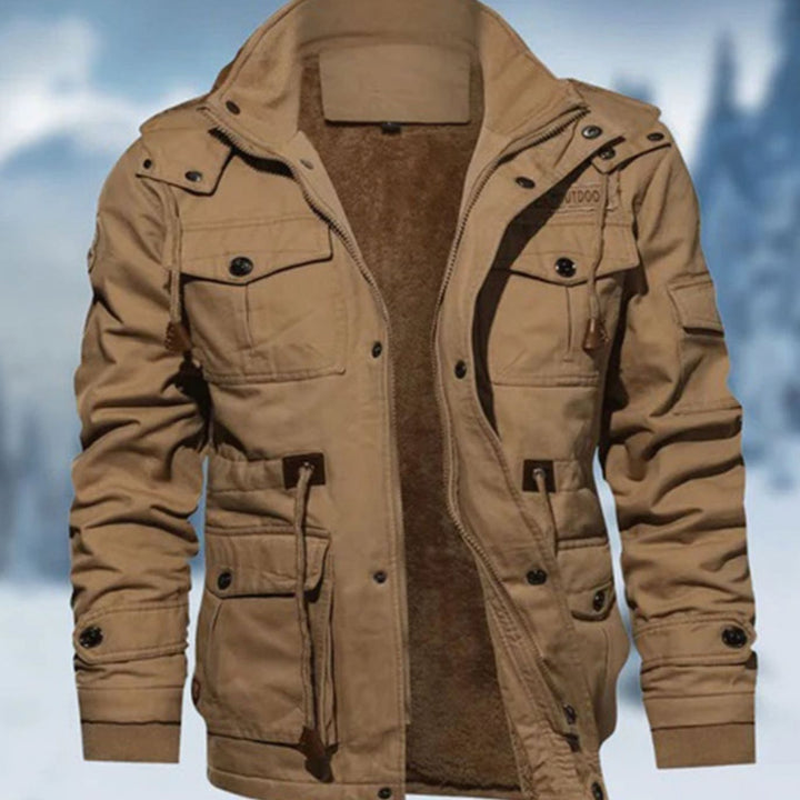 Men's Fleece-Lined Multi-Pocket Military Cargo Jacket - Beige