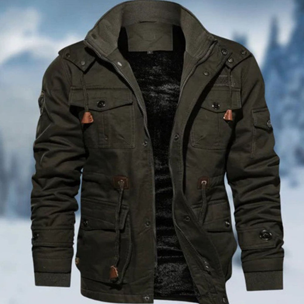 Men's Fleece-Lined Multi-Pocket Military Cargo Jacket - Green
