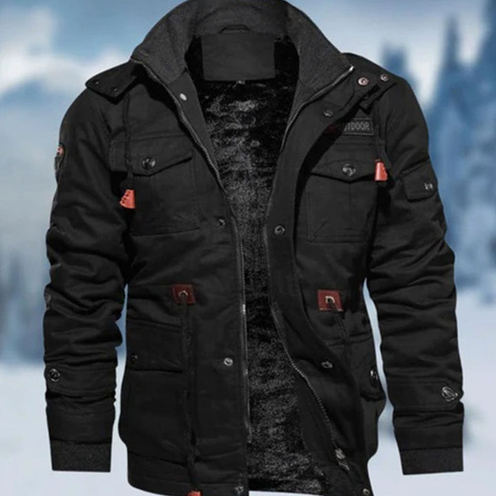 Men's Fleece-Lined Multi-Pocket Military Cargo Jacket - Black