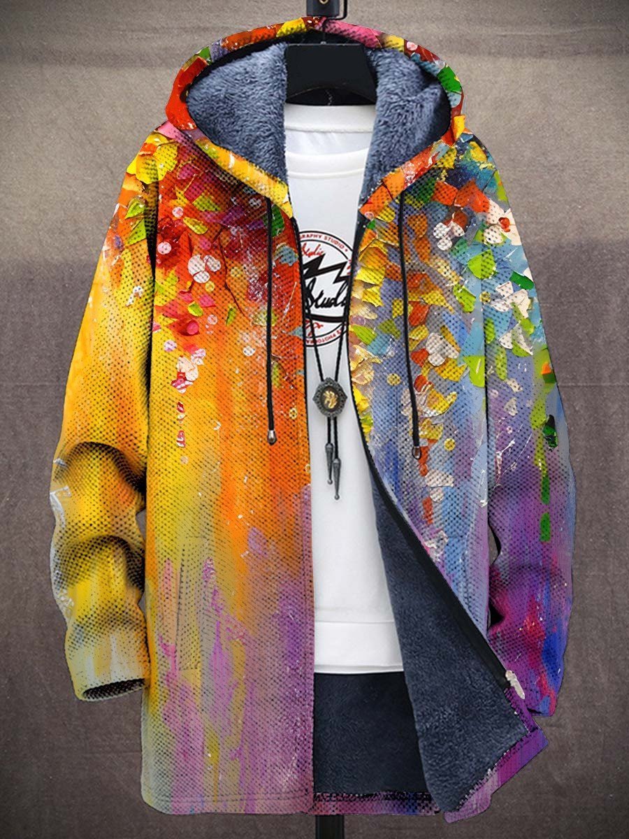 Men's Fleece-Lined Zip-Up Hooded Cardigan Abstract Art Print - Rainbow