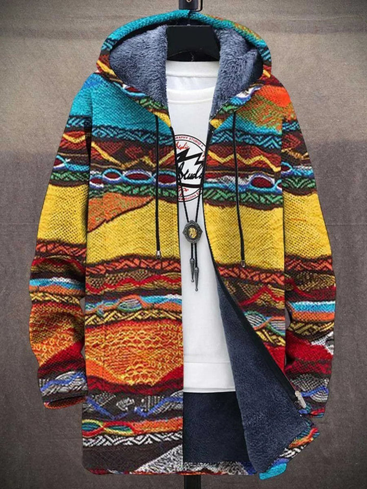Men's Fleece-Lined Zip-Up Hooded Cardigan Abstract Art Print - Retro