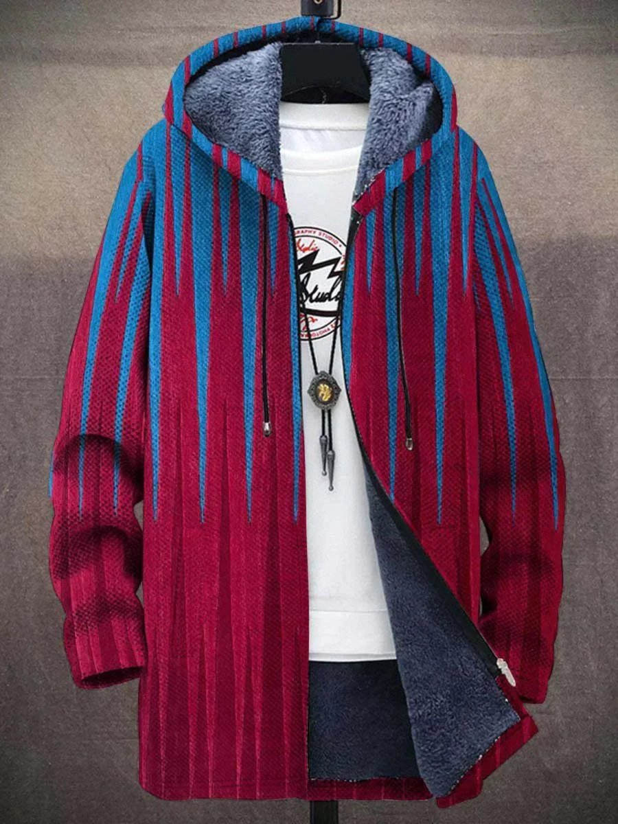 Men's Fleece-Lined Zip-Up Hooded Cardigan Abstract Art Print - Red