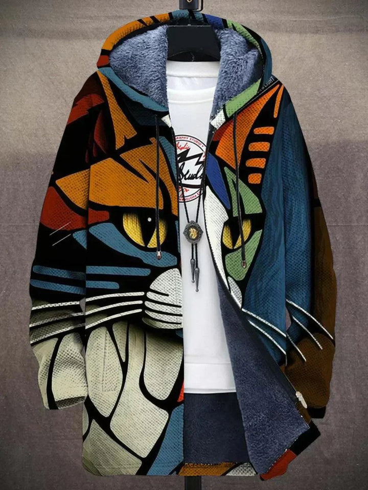 Men's Fleece-Lined Zip-Up Hooded Cardigan Abstract Art Print - Cat
