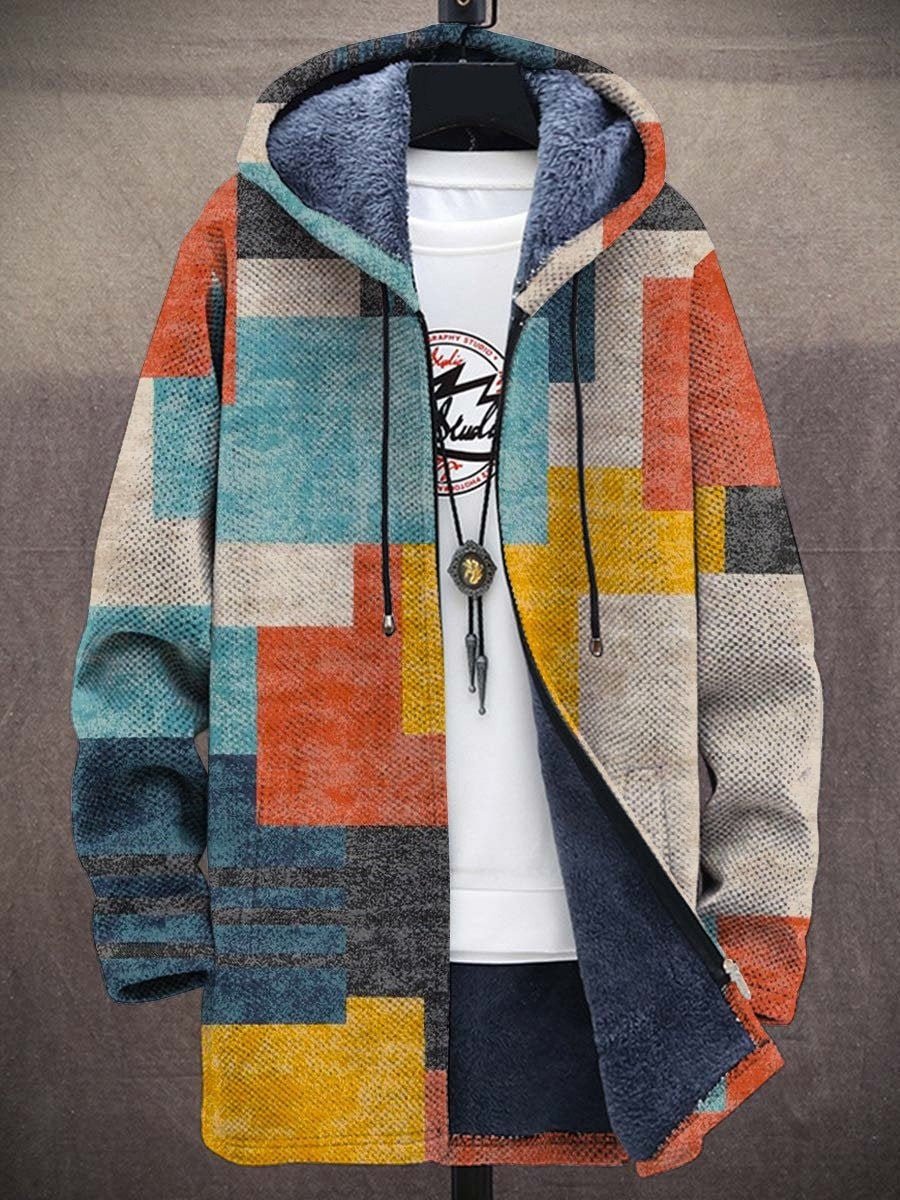 Men's Fleece-Lined Zip-Up Hooded Cardigan Abstract Art Print - Multicolor