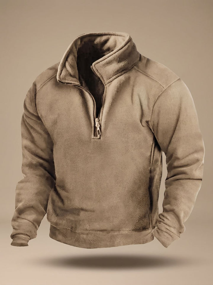 Men's Fleece Quarter-Zip Stand-Collar Pullover Sweater - Khaki