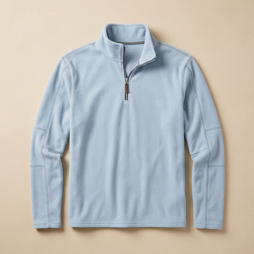 Men's Fleece Quarter-Zip Stand-Collar Pullover Sweater, Khaki - Light Blue