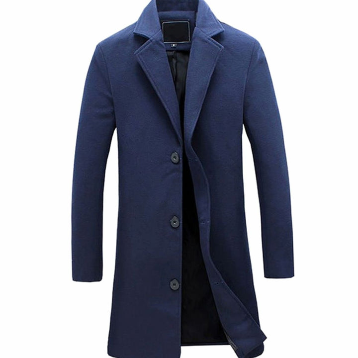Men's Formal Single-Breasted Long Overcoat - Navy Blue