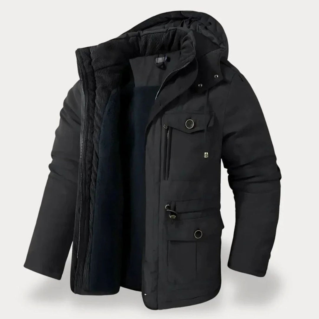 Men's Heavy-Duty Insulated Hooded Multi-Pocket Winter Jacket - Black