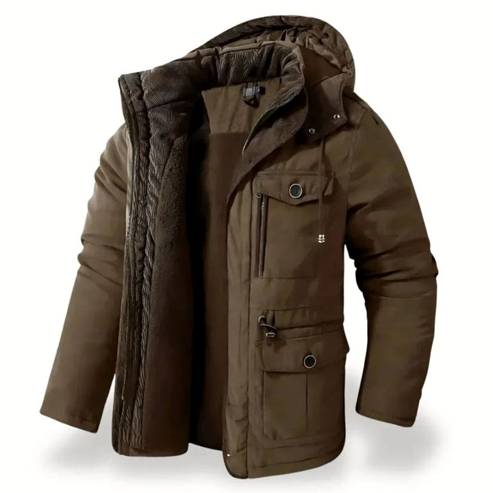 Men's Heavy-Duty Insulated Hooded Multi-Pocket Winter Jacket - Brown