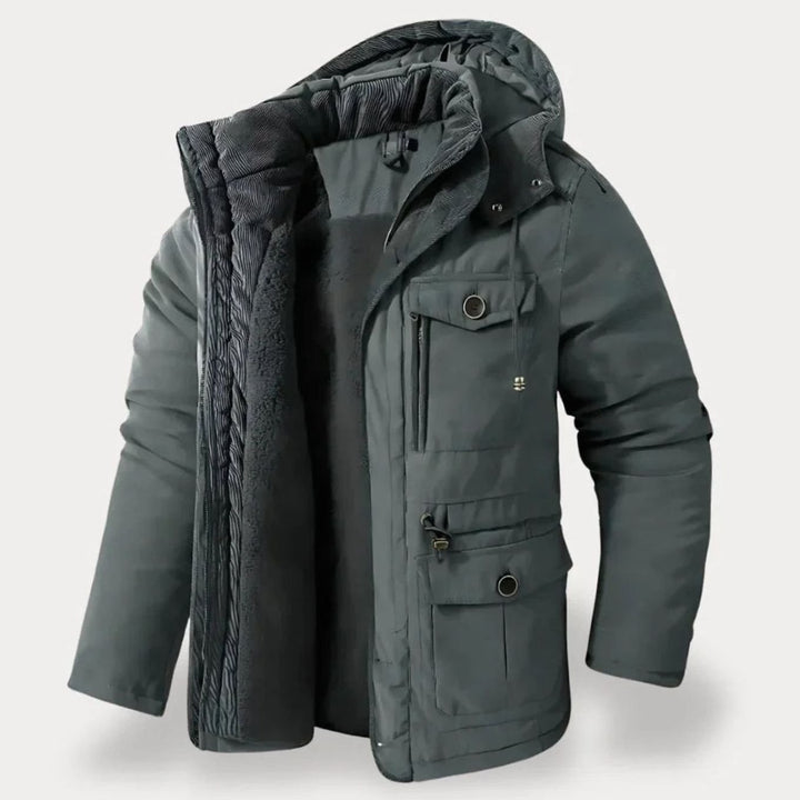Men's Heavy-Duty Insulated Hooded Multi-Pocket Winter Jacket - Gray