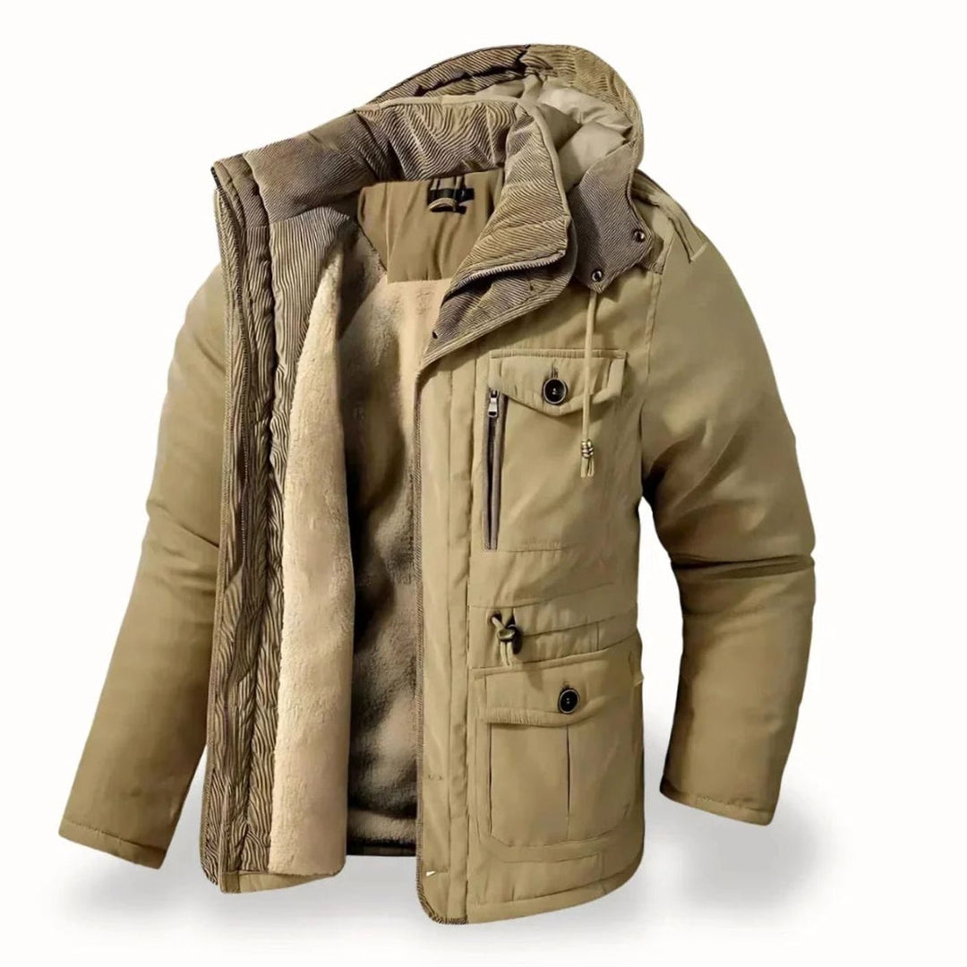 Men's Heavy-Duty Insulated Hooded Multi-Pocket Winter Jacket - Beige