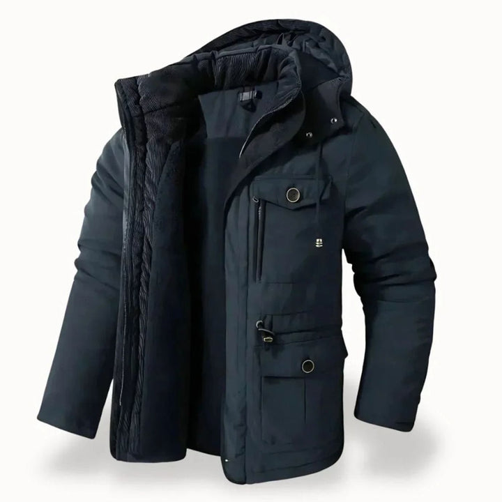 Men's Heavy-Duty Insulated Hooded Multi-Pocket Winter Jacket - Navy