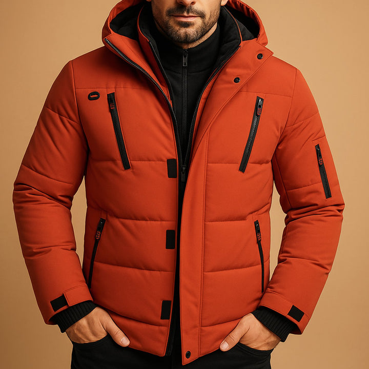 Men's Heavy-Duty Insulated Hooded Puffer Winter Jacket - Orange