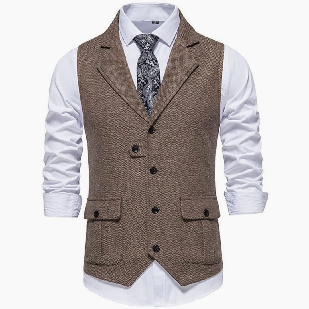 Men's Herringbone Notch-Lapel Button-Front Outfit Vest - Brown