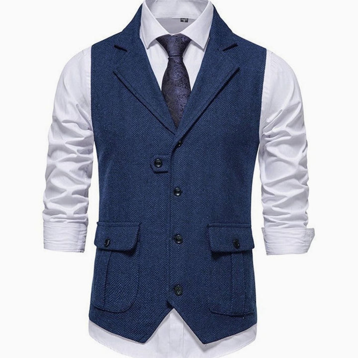 Men's Herringbone Notch-Lapel Button-Front Outfit Vest - Blue