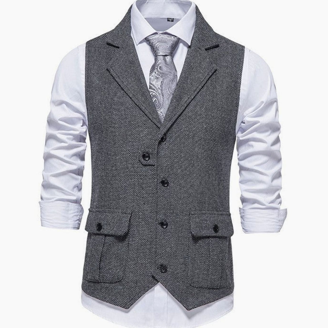 Men's Herringbone Notch-Lapel Button-Front Outfit Vest - Dark Grey