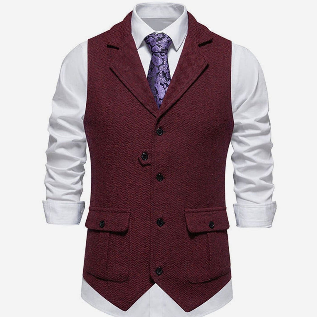 Men's Herringbone Notch-Lapel Button-Front Outfit Vest - Red