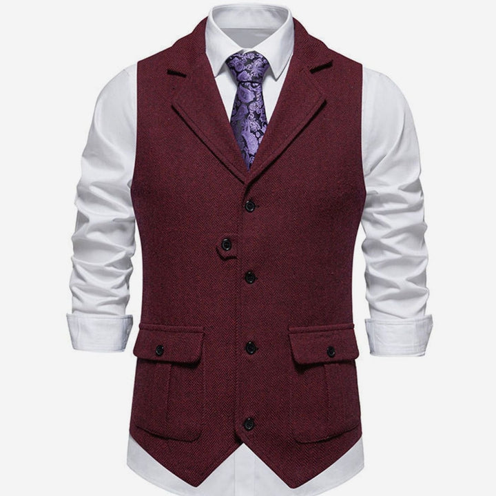 Men's Herringbone Notch-Lapel Button-Front Outfit Vest - Red