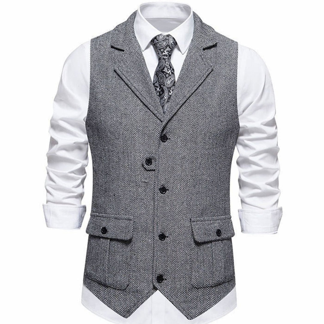 Men's Herringbone Notch-Lapel Button-Front Outfit Vest - Light Gray
