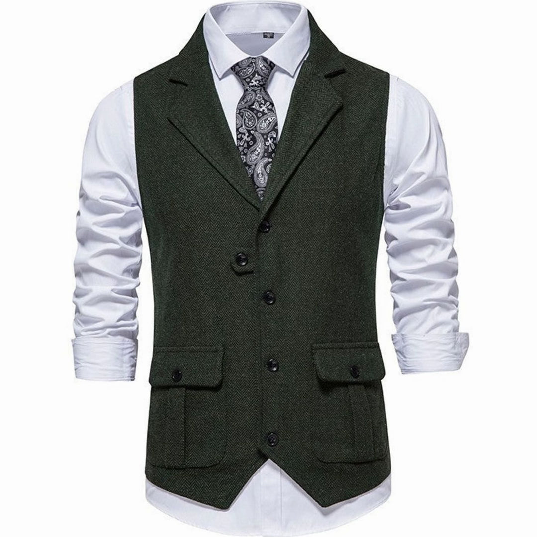 Men's Herringbone Notch-Lapel Button-Front Outfit Vest - Green