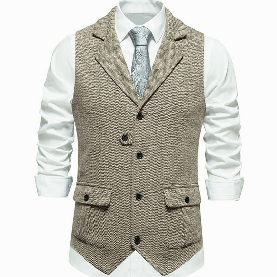 Men's Herringbone Notch-Lapel Button-Front Outfit Vest - Beige