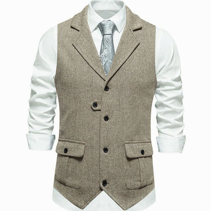 Men's Herringbone Notch-Lapel Button-Front Outfit Vest - Beige