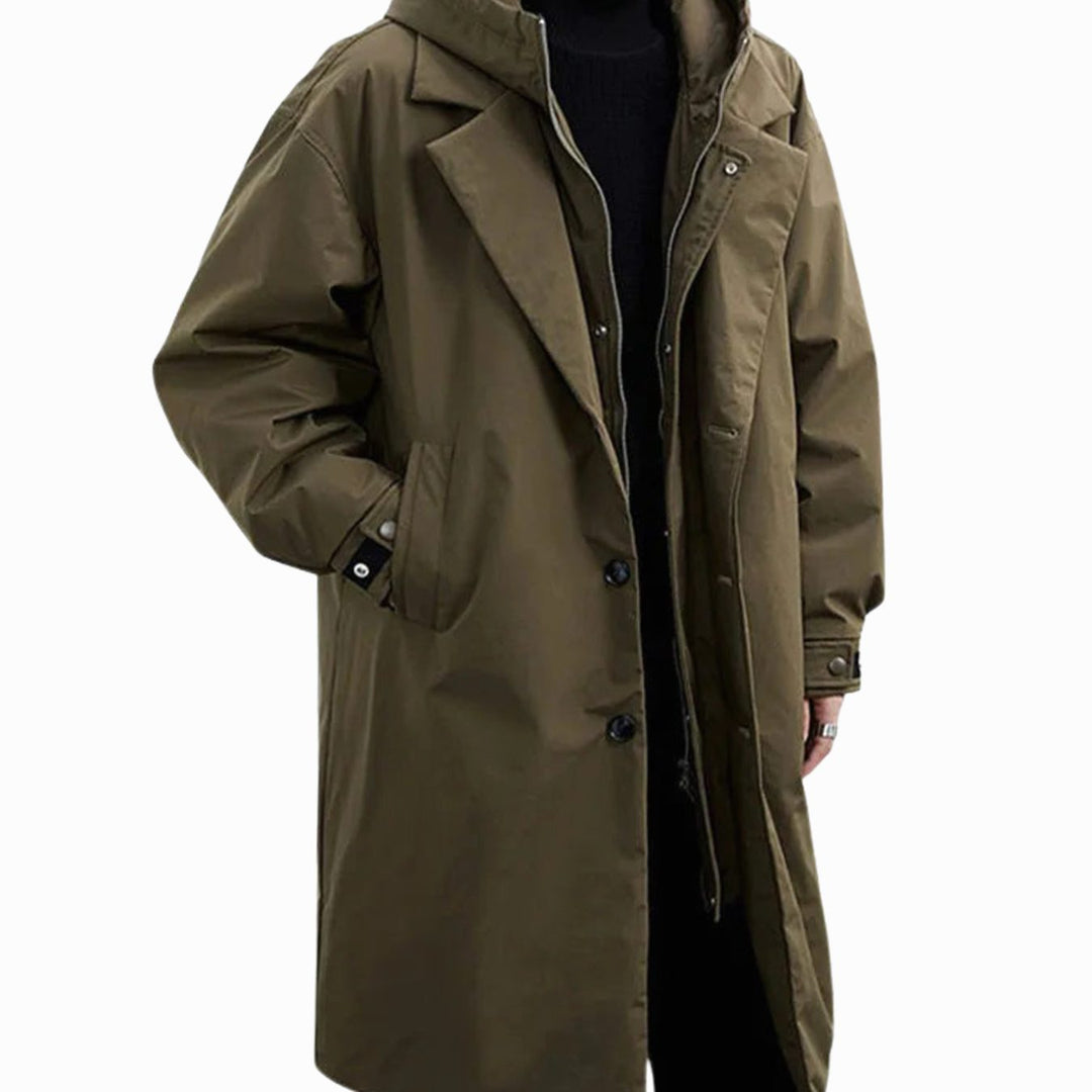 Men's Hooded Insulated Long Trench Coat Water-Resistant Relaxed Fit