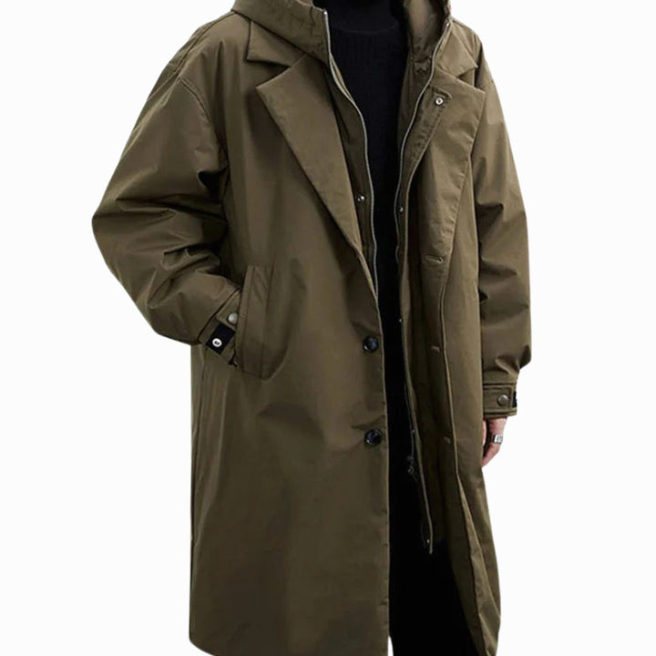 Men's Hooded Insulated Long Trench Coat Water-Resistant Relaxed Fit