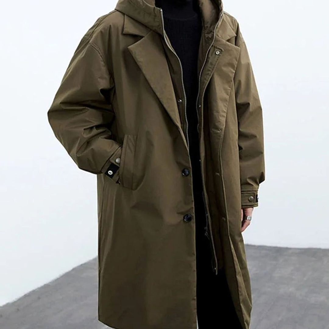 Men's Hooded Insulated Long Trench Coat Water-Resistant Relaxed Fit - Military Green