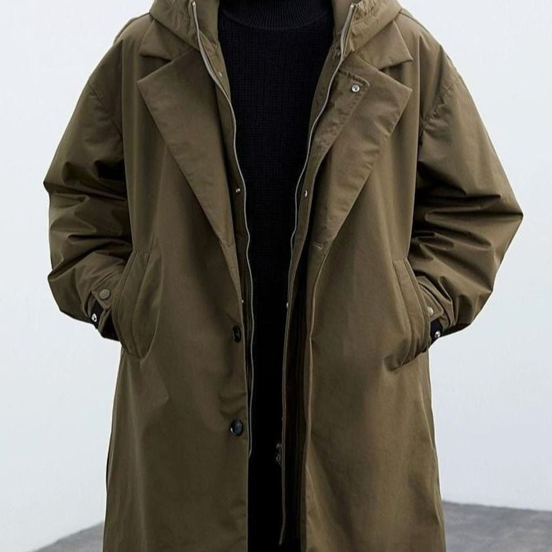 Men's Hooded Insulated Long Trench Coat Water-Resistant Relaxed Fit