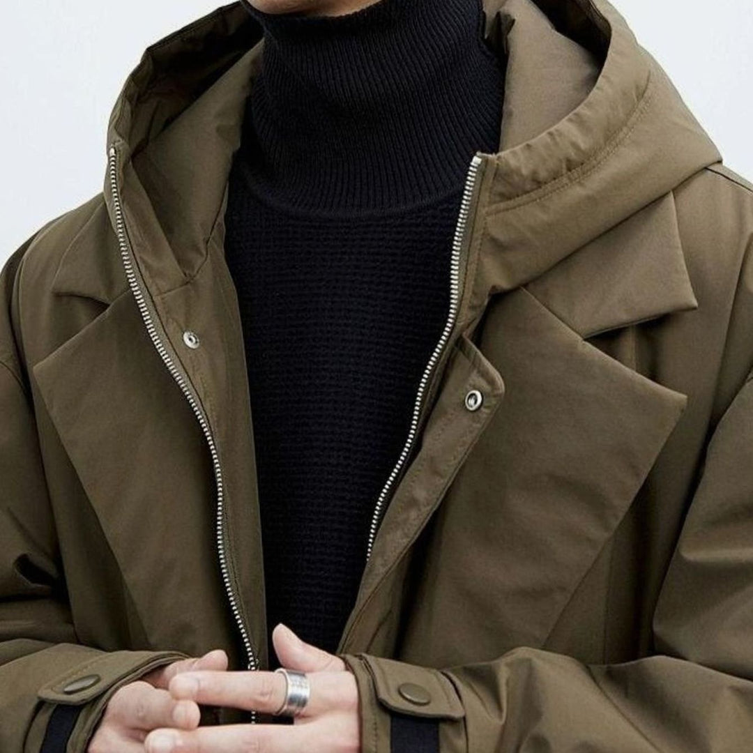 Men's Hooded Insulated Long Trench Coat Water-Resistant Relaxed Fit