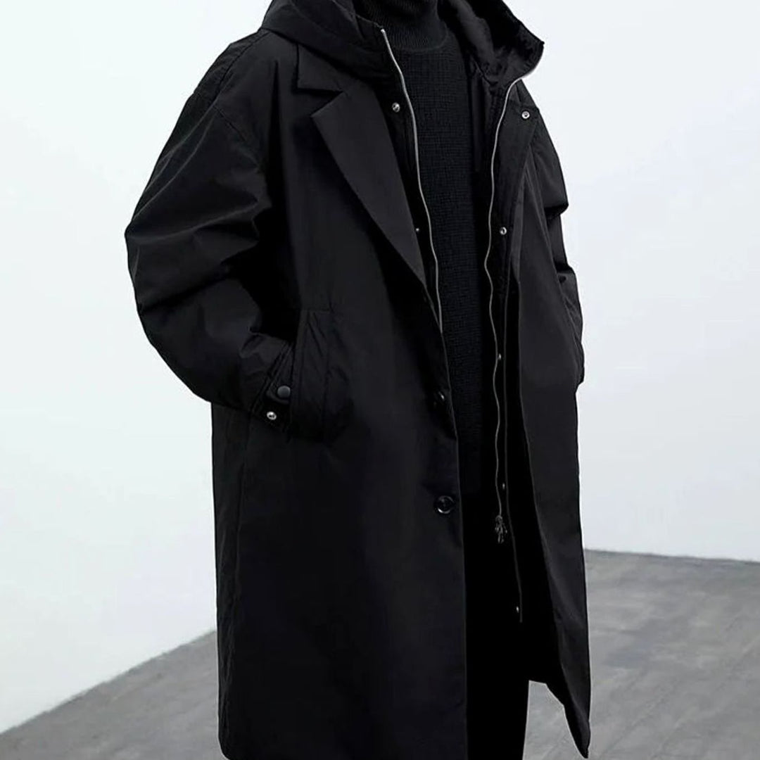 Men's Hooded Insulated Long Trench Coat Water-Resistant Relaxed Fit - Black