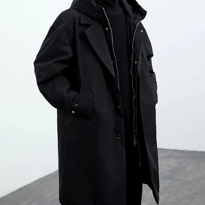 Men's Hooded Insulated Long Trench Coat Water-Resistant Relaxed Fit - Black